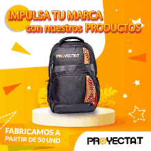 an advertisement for proyectat shows a black backpack on a yellow background