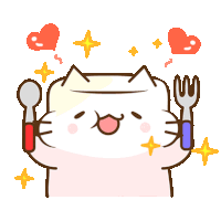 a cartoon cat is holding a fork and spoon in its paws