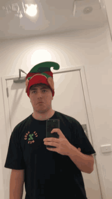 a man wearing an elf hat takes a selfie with his phone