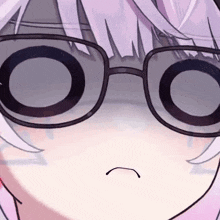 a close up of a anime girl wearing glasses and making a funny face .