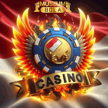 a logo for museum bola casino with wings and a flag