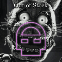 a black and white photo of a cartoon character with the words out of stock written above it