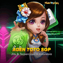 a poster for agen toto sgp shows a girl holding a green card