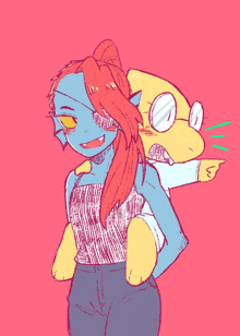 a drawing of a girl with red hair and a yellow monster behind her