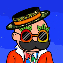 a cartoon of a man with a hat , sunglasses and a mustache .