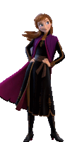 anna from frozen is standing with her hands on her hips and wearing a purple cape .