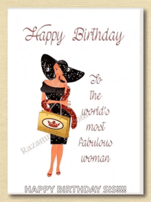 a happy birthday card with a woman in a hat