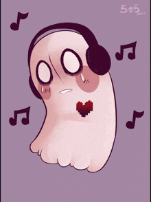 a drawing of a ghost wearing headphones and a heart on its chest