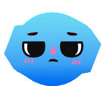 a blue cartoon character with a sad expression on his face