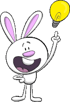 a cartoon rabbit is pointing up with a light bulb above his head