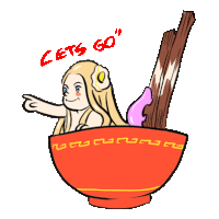 a cartoon drawing of a woman in a bowl of soup with the words lets go