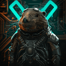 a beaver is wearing a futuristic suit and has the word hash on it