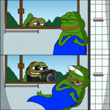 a cartoon frog taking a picture of another frog with a camera