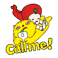 a cartoon character with a tomato hat is holding a cell phone and the words call me below it