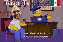 a cartoon of homer simpson sitting at a desk talking to a police officer with taison tv written on the bottom