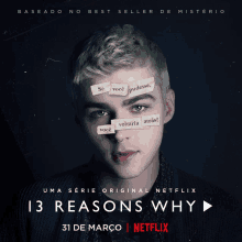 a poster for netflix 's 13 reasons why shows a boy with papers stuck to his face