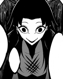 a black and white drawing of a girl with big eyes and a smile on her face