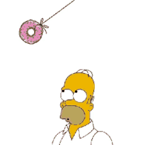 a cartoon of homer simpson looking up at a pink donut hanging from a string