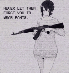 a black and white drawing of a girl holding a gun with a quote .