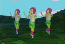 three girls with pink hair and green shorts are running