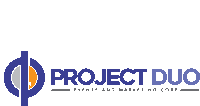 a blue and orange logo for project duo events and marketing corp