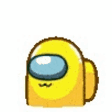 a pixel art drawing of a yellow among us character with a mustache and a blue eye .