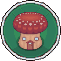 a pixel art of a mushroom house on a green background