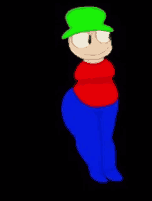 a cartoon character wearing a green hat , red shirt , and blue pants .