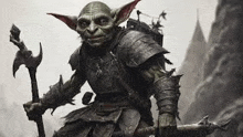 a goblin in armor is holding a stick and a sword .