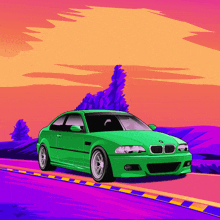 a green bmw is driving down a road