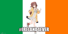 a girl in a yellow coat is standing in front of an irish flag ..