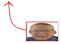 a picture of a boy wearing glasses and a red arrow pointing up