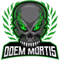a logo with a skull and the word odem mortis