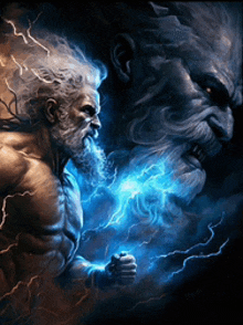 a statue of a man with a beard is surrounded by lightning and smoke