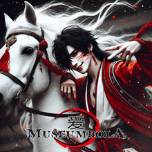 a man in a red and black outfit is riding a white horse with museumbola written in the corner