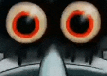 a close up of squidward tentacles 's eyes with red circles in them .