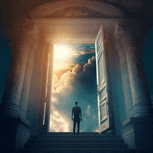 a man stands in front of a door that is open