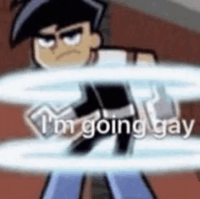 a cartoon character is saying `` i 'm going gay '' while holding a sword .