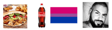 a bottle of coca cola next to a bisexual flag and a man with a beard