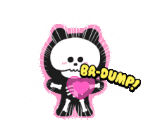 a skeleton bear is holding a pink heart and says ba-dump!