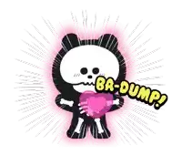 a skeleton bear is holding a pink heart and says ba-dump!