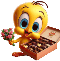 tweety bird is holding a bouquet of roses and a box of chocolates