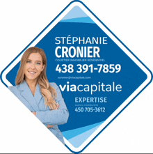 a sign for stephanie cronier shows a woman with her arms crossed