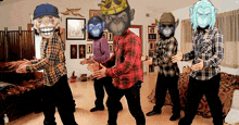 a group of men are dancing in a living room with monkeys on their faces