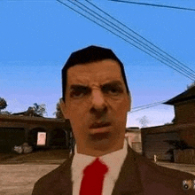 mr bean is wearing a suit and tie and making a funny face in a video game .