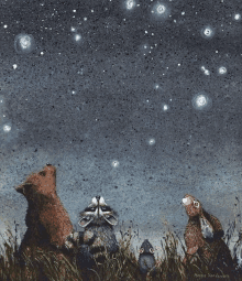 a painting of animals looking up at the stars by peggy vanderwall