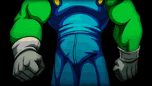 a cartoon drawing of a man with green arms and blue overalls