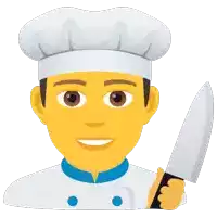 a chef is holding a large knife in his right hand