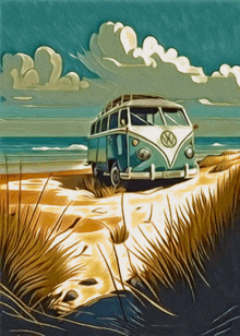 a painting of a volkswagen bus on the beach