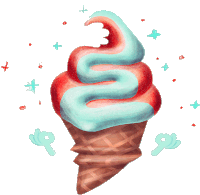 an ice cream cone with red and blue swirls